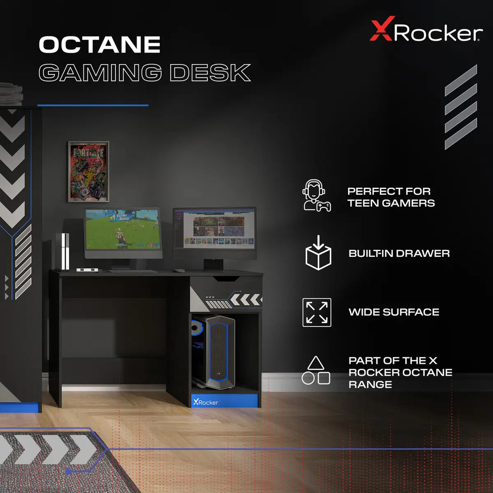 Black and blue gaming desk with storage drawer by X Rocker
